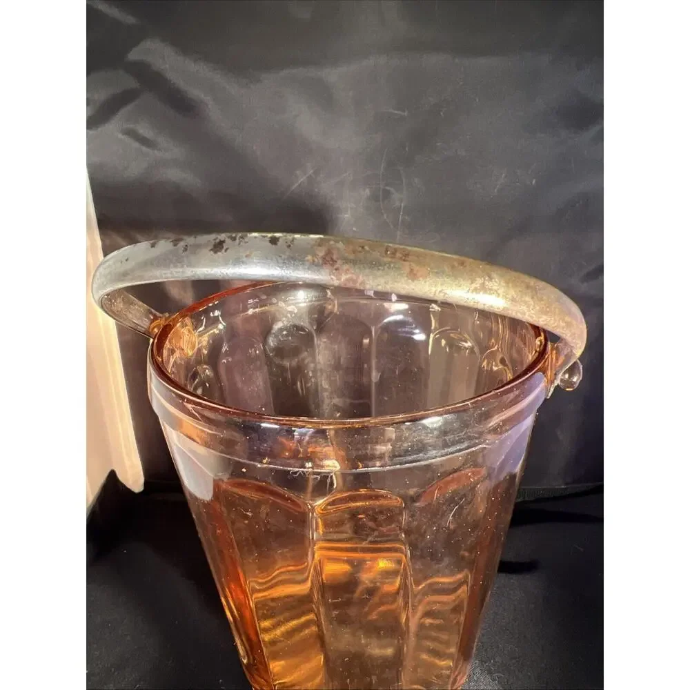 Vintage Pink Depression Glass Ice Bucket Barware With Attached Metal Handle